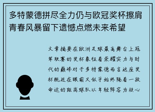 多特蒙德拼尽全力仍与欧冠奖杯擦肩青春风暴留下遗憾点燃未来希望